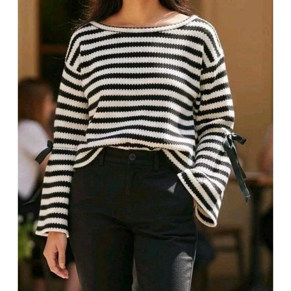 Sanctuary Breton Stripe Sweater L Black Cream Bell Sleeve Parisian Style